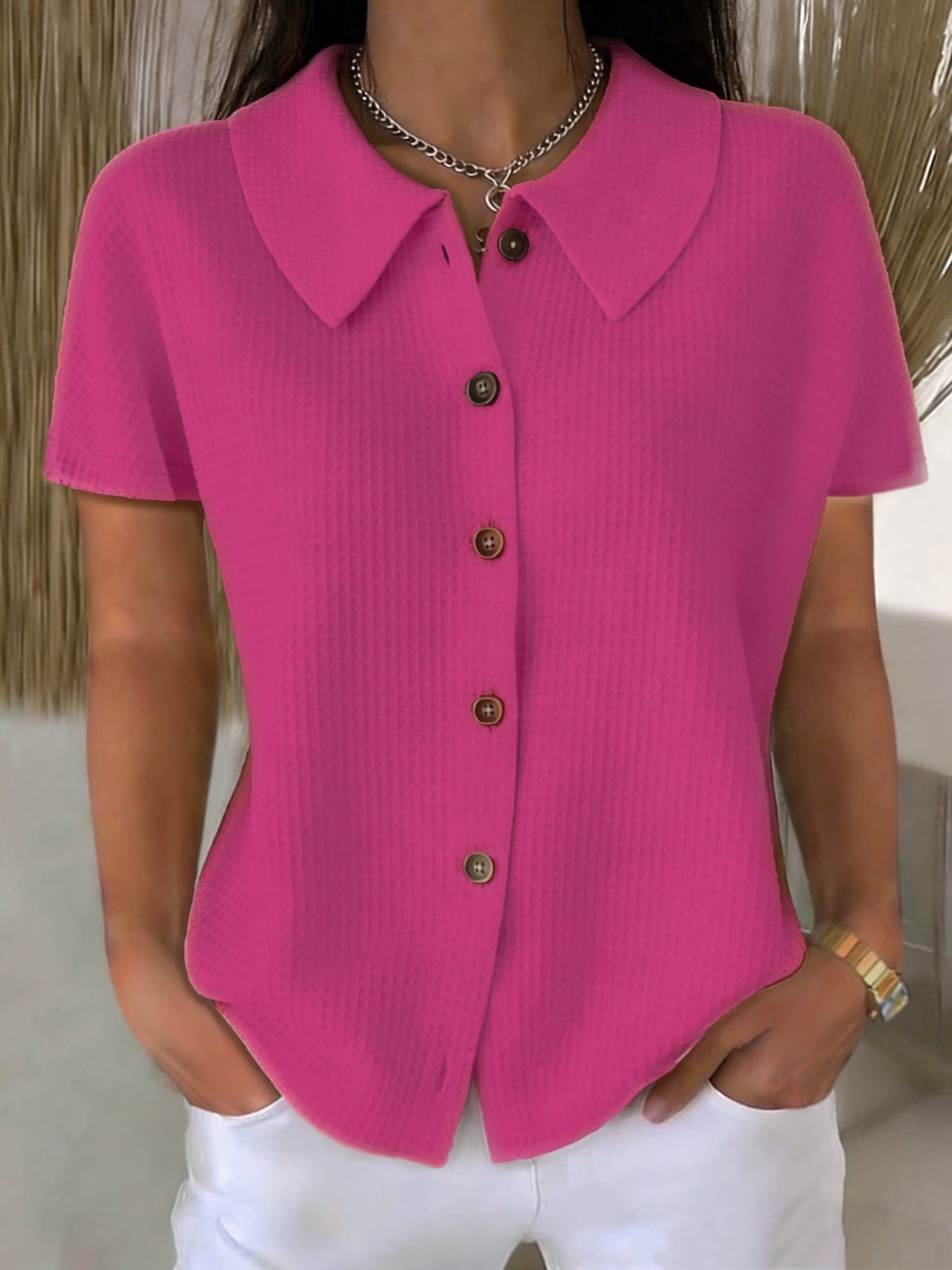 Turn-Down Collar Waffle Weave Solid Color Casual Loose Fit Short Sleeve Shirt - Women's Cotton Blend Lightweight Summer Top For Daily Wear - cas7m