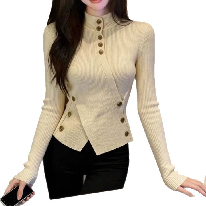 Autumn And Winter Retro Apricot Semi-high Neck Knitted Sweater Women's Fitted Base Shirt Long Sleeve Top - cas7m