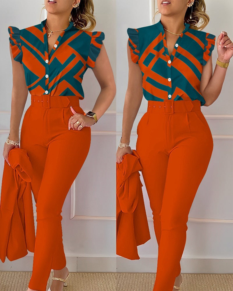 Printed Ruffle Sleeve Top Solid Color Pants Suit With Belt - cas7m