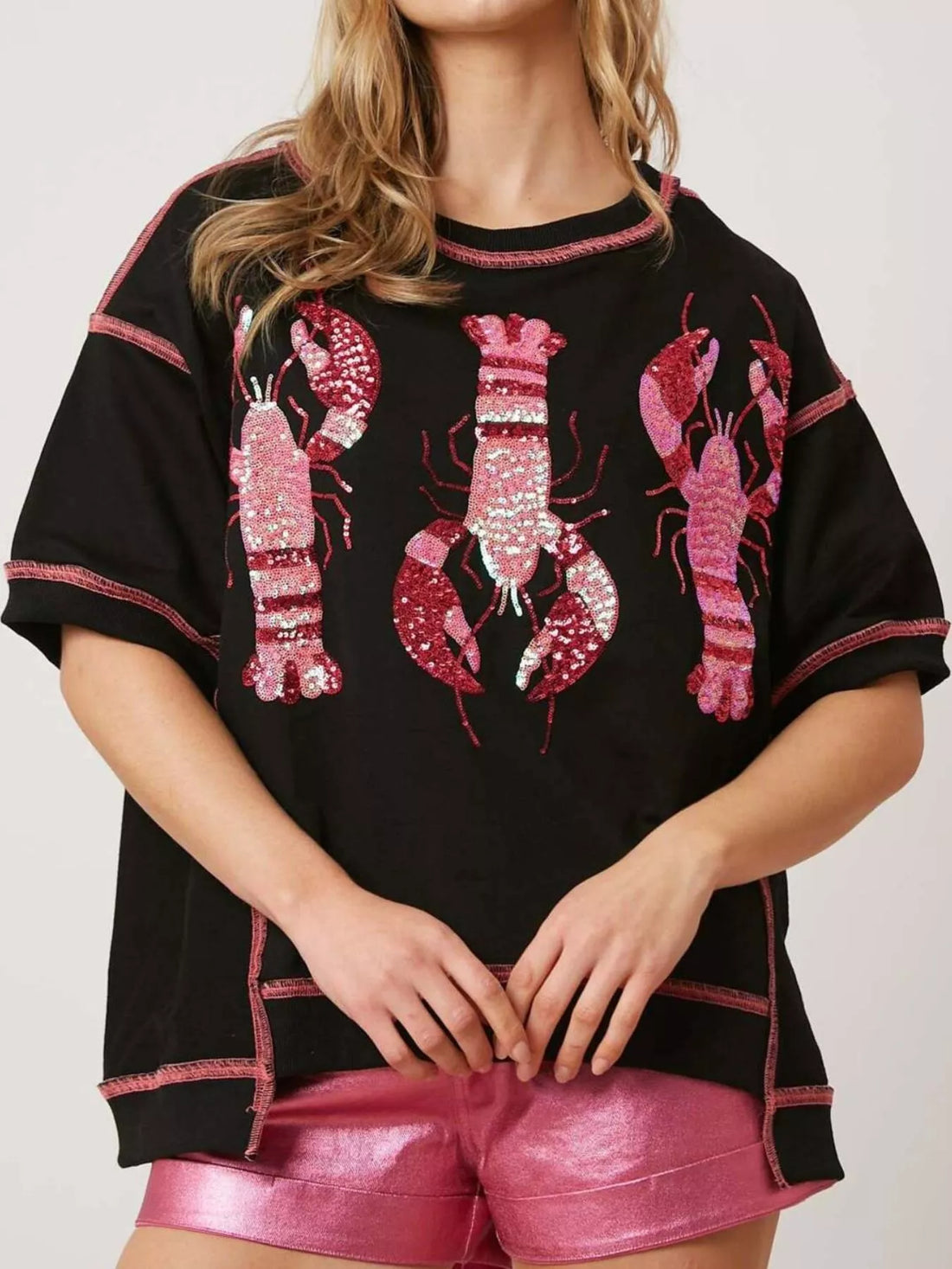 Sequin Lobster Half Sleeve T-Shirt - cas7m