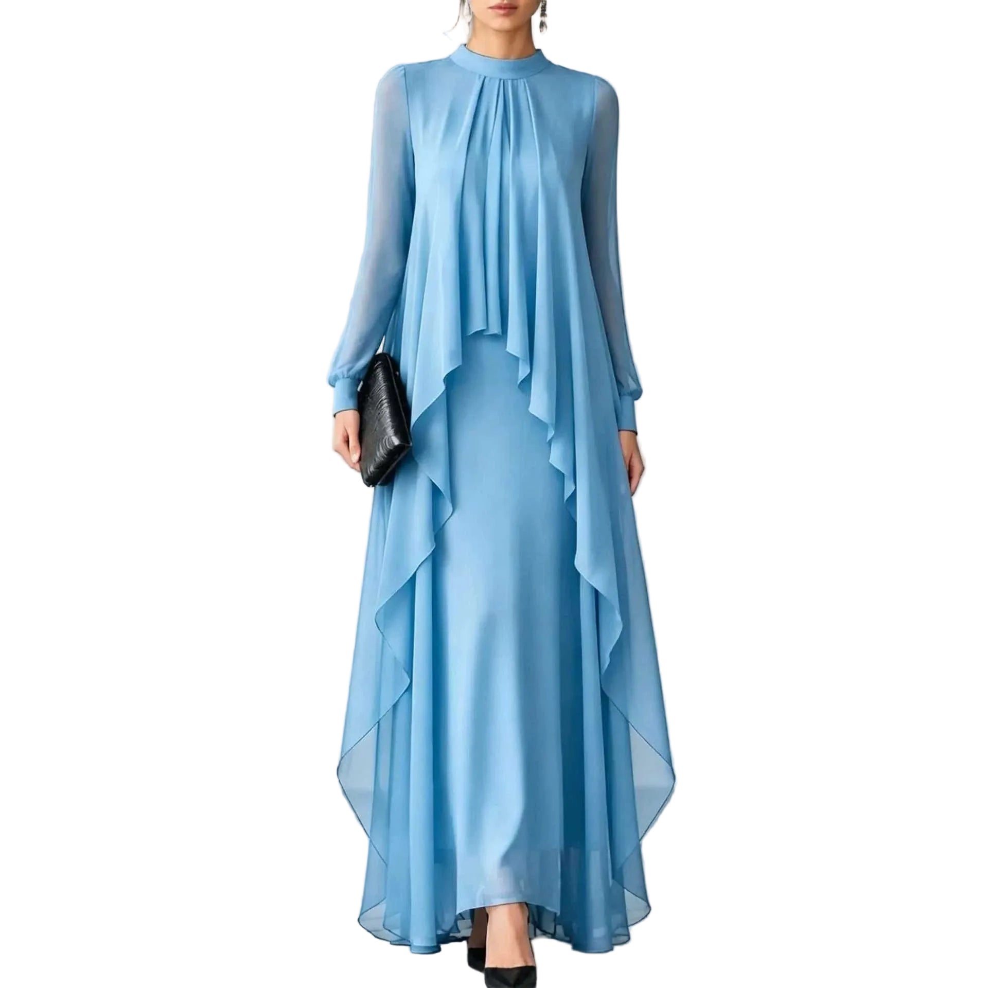 A woman models a light blue long-sleeve maxi dress with a high-low ruffled hem and a gathered neckline, paired with a small black clutch and black heels, set against a minimalist gray studio background.