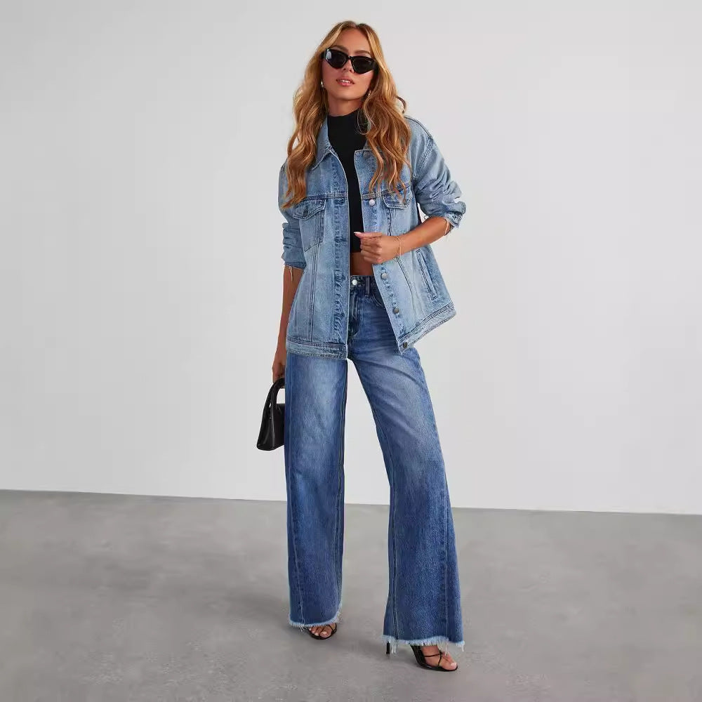 Fashion High Waist Jeans With Pockets Comfortable Slim Fit Straight Wide-leg Pants Womens Clothing - cas7m