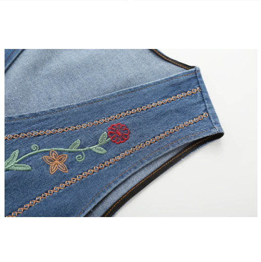 Heavy-Duty Embroidered Ethnic-Style V-Neck Denim Vest - cas7m