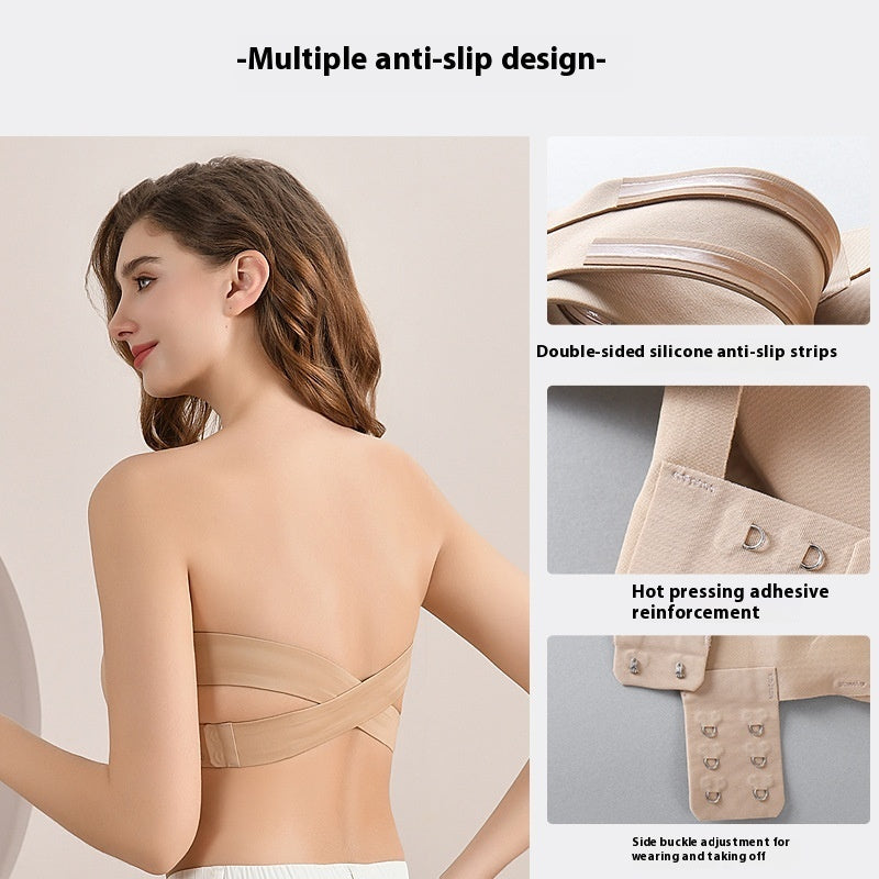 Women's Strapless Cross Side Buckle Non-slip Band Ice Ribbon Chest Pad - cas7m