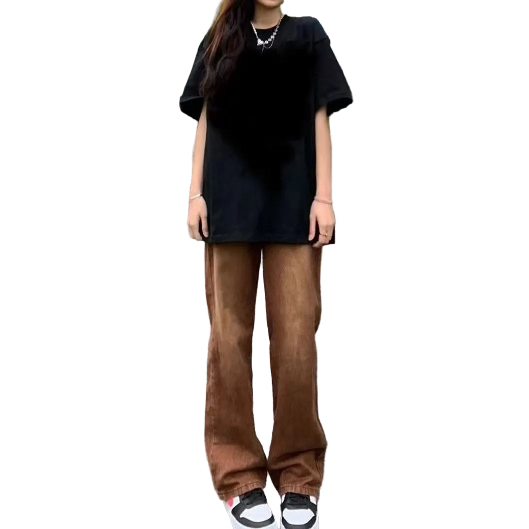 American Retro Brown Straight-leg Denim Pants - cas7m