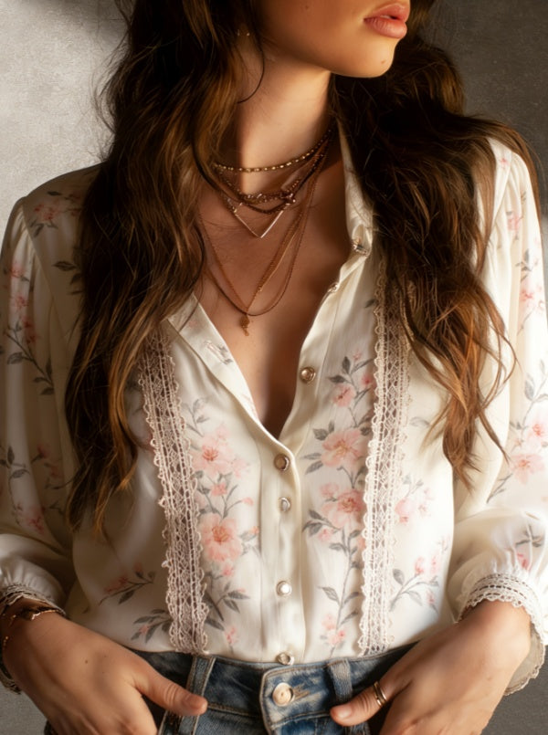 French Retro Style Lace Floral Print Shirt For Women - cas7m