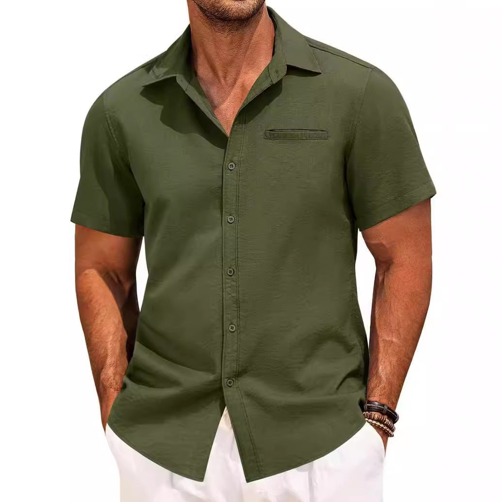 Polo Collar Solid Color Short Sleeve Button Shirt - cas7m