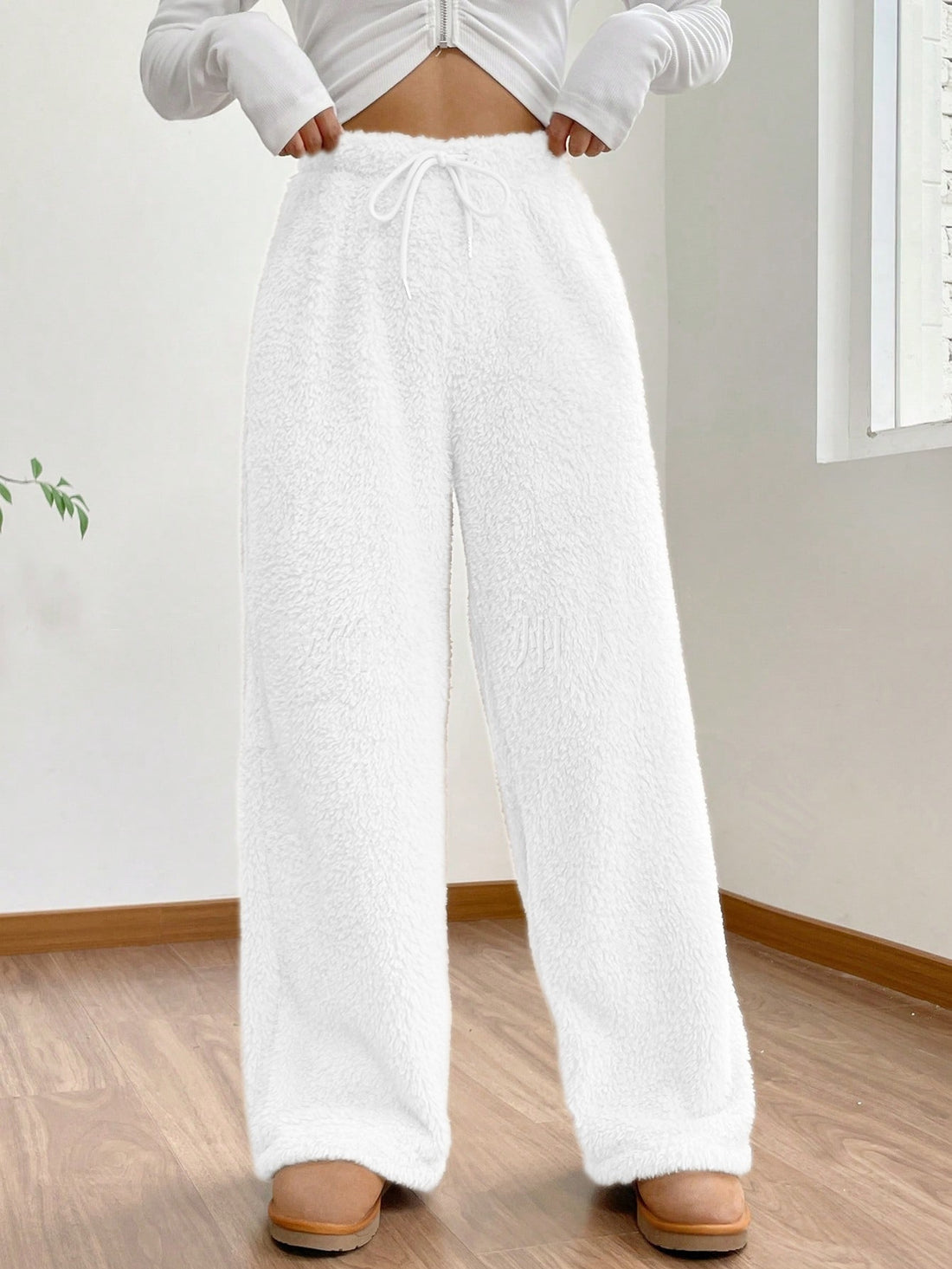 Women's Solid Color Loose Fleece Casual Pants - cas7m