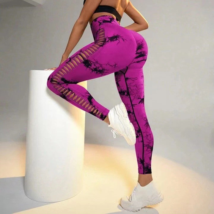 Hollow Tie Dye Printed Yoga Pants High Waist Butt Lift Seamless Sports Gym Fitness Leggings Slim Pants For Women Tight Trousers - cas7m