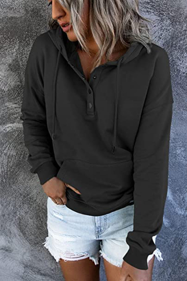 Long-sleeved Hooded Sweatshirt With Pockets Fashion Casual Button Drawstring Design Hoodie Top Spring And Autumn Sports Clothing For Women - cas7m