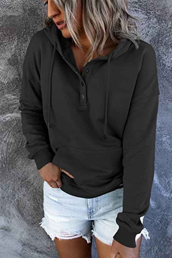 Long-sleeved Hooded Sweatshirt With Pockets Fashion Casual Button Drawstring Design Hoodie Top Spring And Autumn Sports Clothing For Women - cas7m