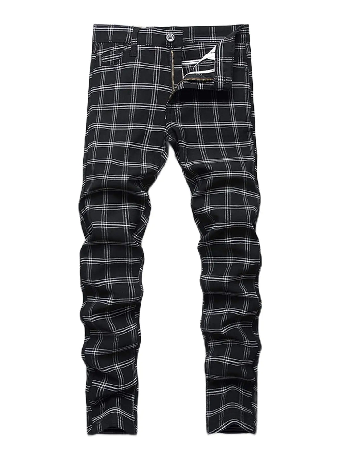 Black and white plaid slim-fit jeans shown flat against a solid white background.