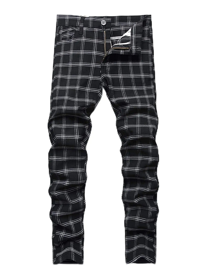 Black and white plaid slim-fit jeans shown flat against a solid white background.