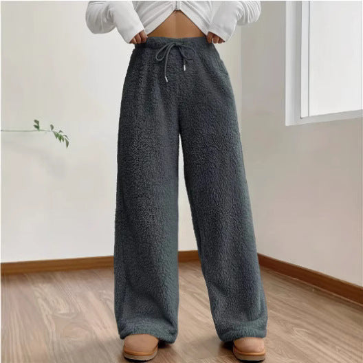 Women's Solid Color Loose Fleece Casual Pants - cas7m