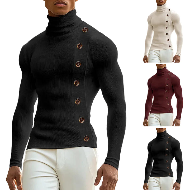 European And American Men Casual Sweater Turtleneck Buttons Solid Color Long Sleeve - cas7m