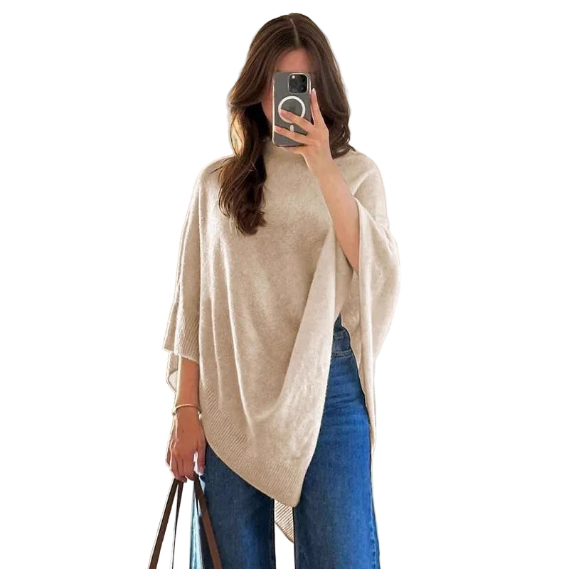 Shawl-Neck Sweater Irregular Wool Knitted Cape - cas7m