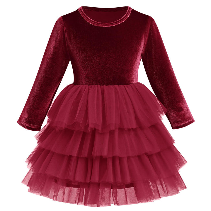 Red velvet dress with a layered tulle skirt on a white background