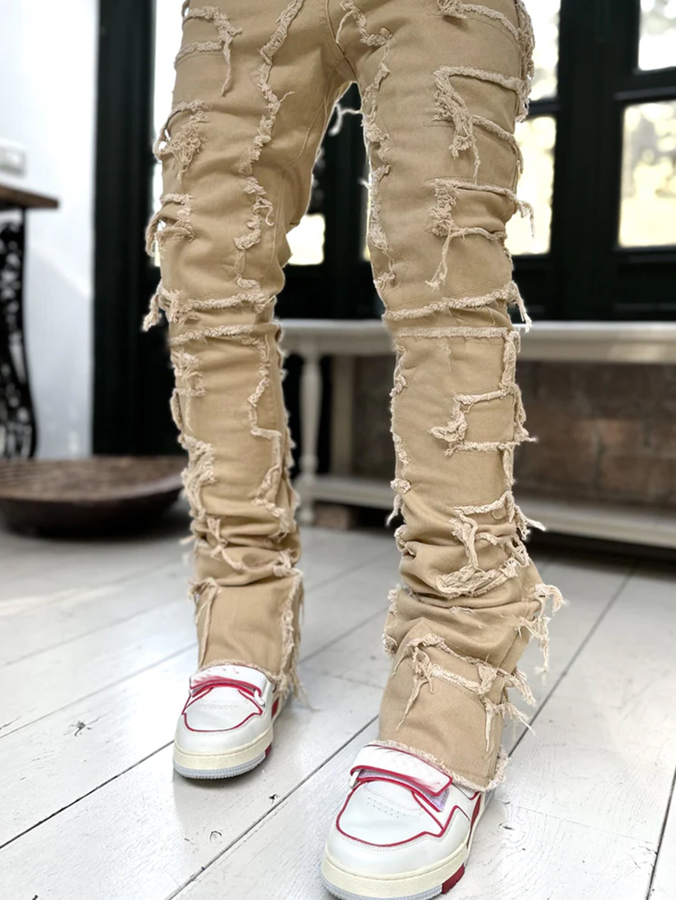 Ins Fringes Ripped Trousers Individual Patched Pants Long Tight Fit Stacked Jeans For Mens Clothing - cas7m