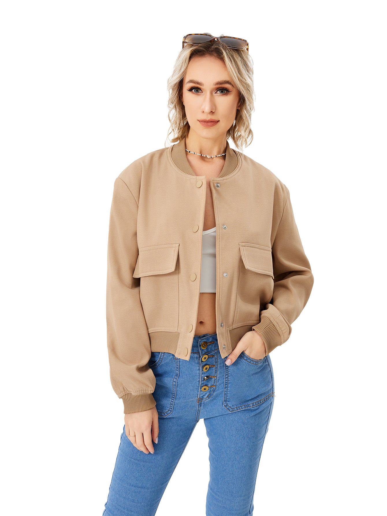 Women's Lightweight Cropped Bomber Jacket Casual Long Sleeve Varsity Jacket With Pocket Fashion Y2k Jacket Streetwear - cas7m
