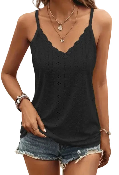 Solid Color V Neck Eyelet Cami Top, Elegant Scallop Trim Sleeveless Top For Spring & Summer, Women's Clothing - cas7m