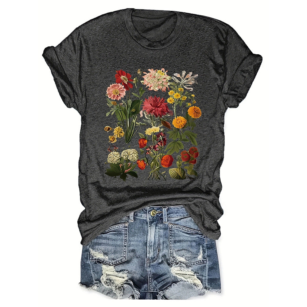 Flower Plant Print Casual Loose Round Neck Short Sleeve - cas7m