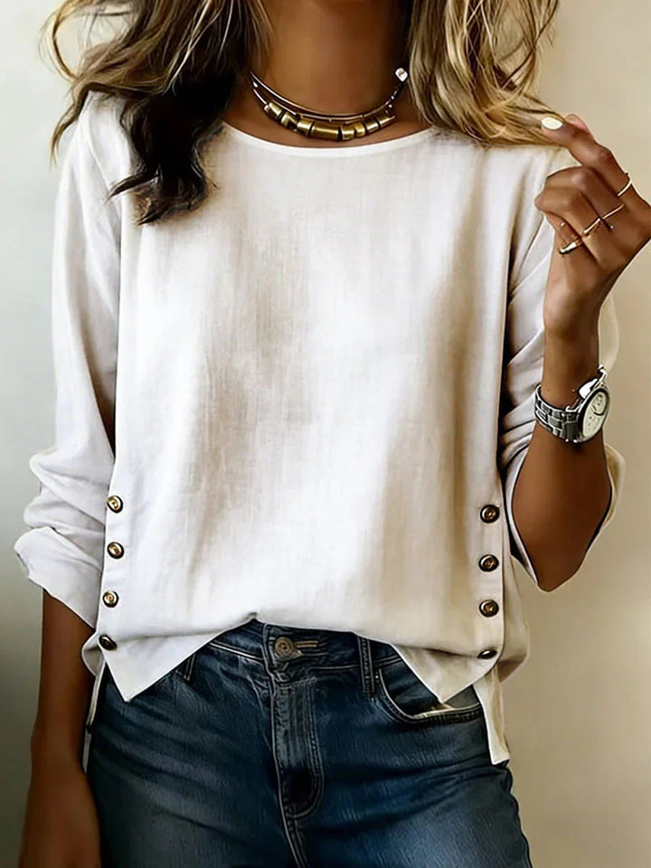 Summer Solid Color Round Neck Casual Loose Cotton And Linen Top For Women - cas7m