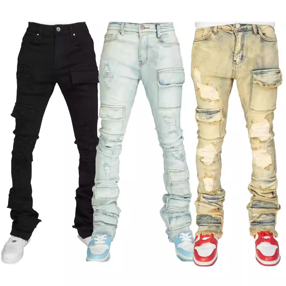Men's Denim Straight-leg Overalls European And American Fashion Stretch Ripped Laminated Micro-pull Pants - cas7m