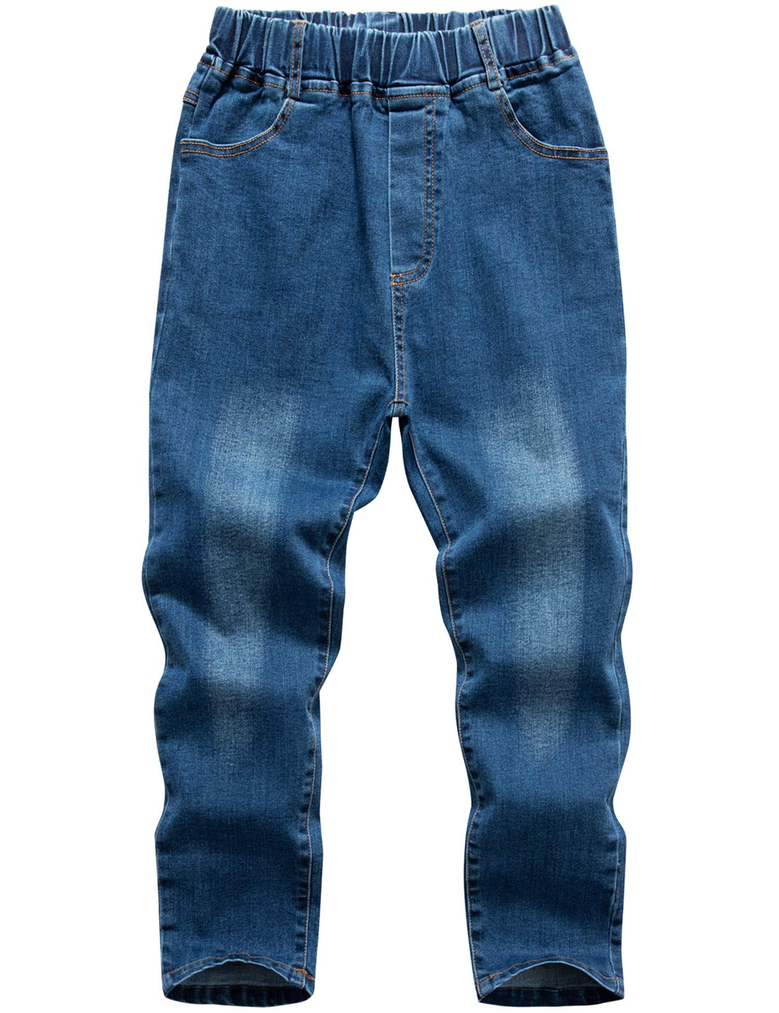 A pair of blue denim pants with an elastic waistband, front pockets, and a faded wash, shown against a plain white background.