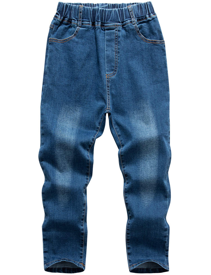 A pair of blue denim pants with an elastic waistband, front pockets, and a faded wash, shown against a plain white background.