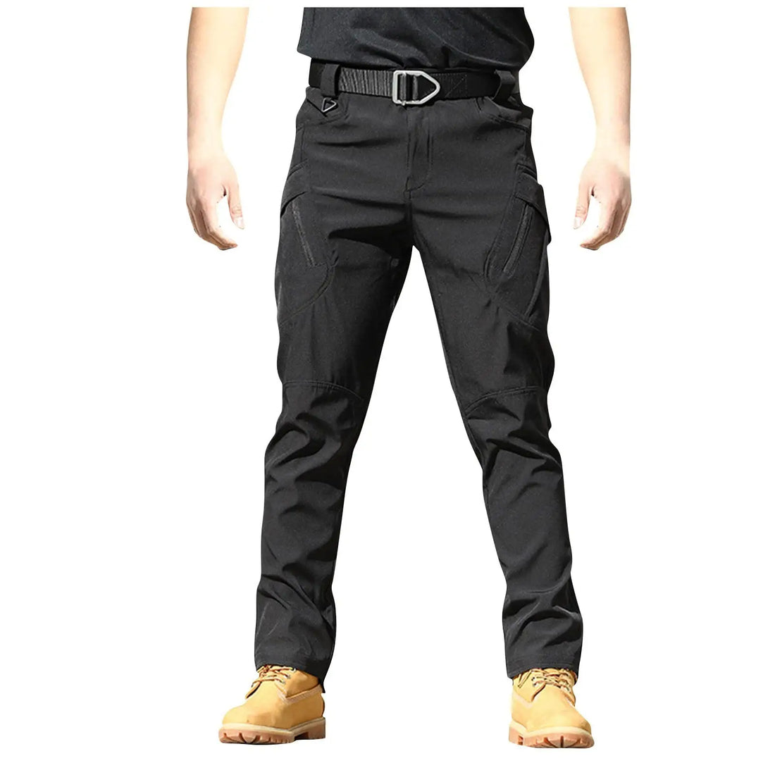 Black tactical pants worn by a person on a white background