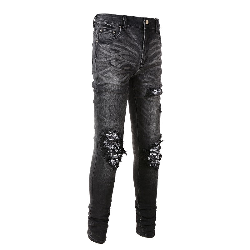 New High Street Washed Broken Cashew Flower Slim Casual Men's Jeans - cas7m