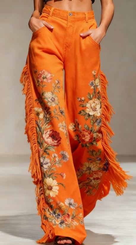 Retro Floral Print Fringed Wide-Leg Pants - cas7m