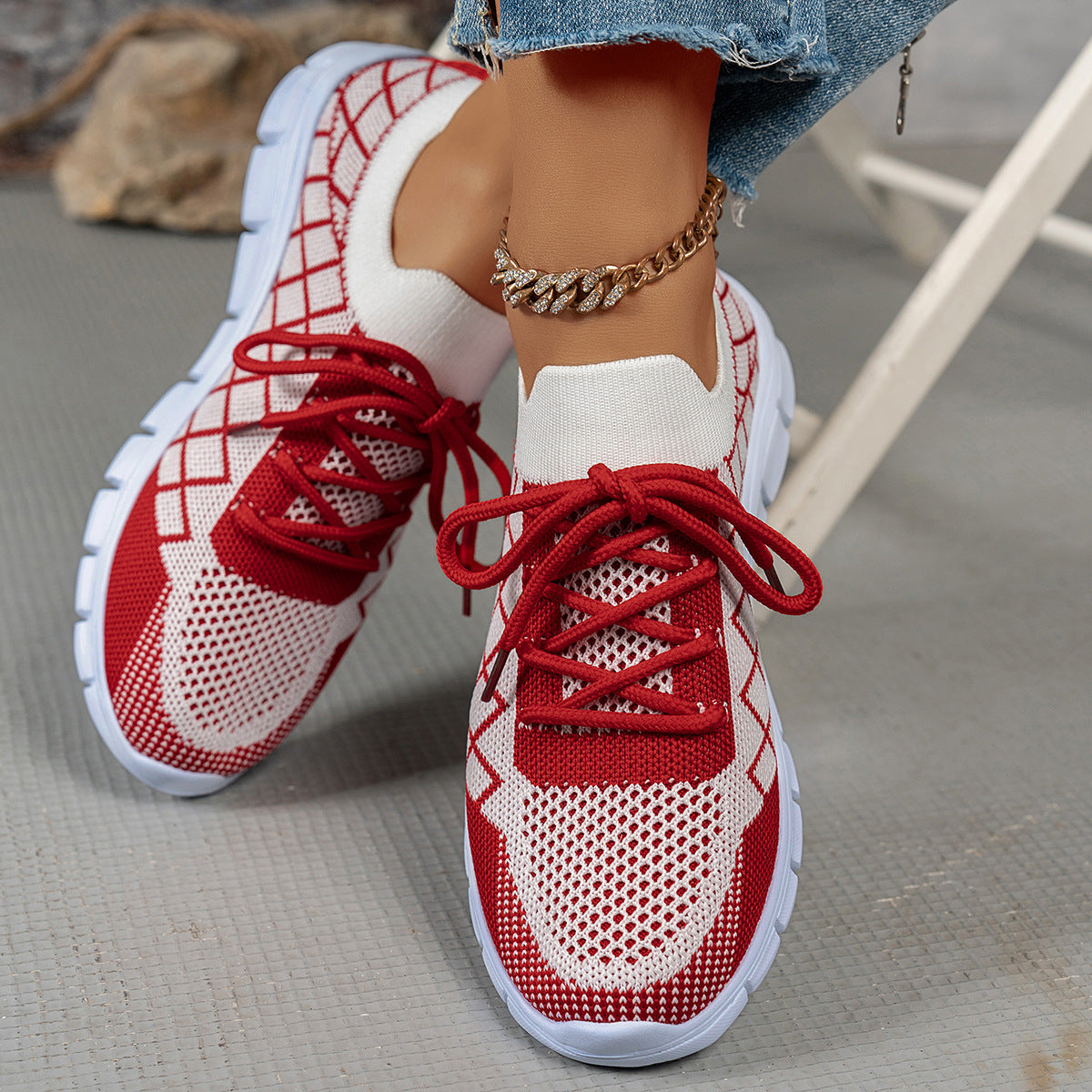 Colorblock Plaid Lace-Up Flyknit Sneakers Ins Mesh Casual Shoes Fashion Breathable Walking Running Sports Shoes For Women - cas7m