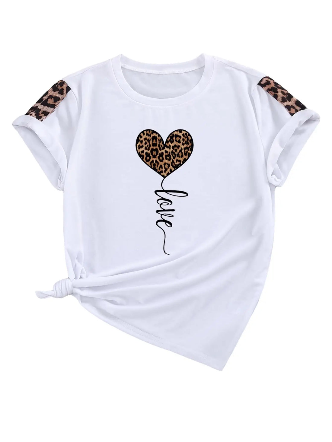 White short-sleeve t-shirt with leopard print sleeve patches and a central graphic of a leopard print heart balloon with the word 'love' written below in black script, shown on a plain white background.