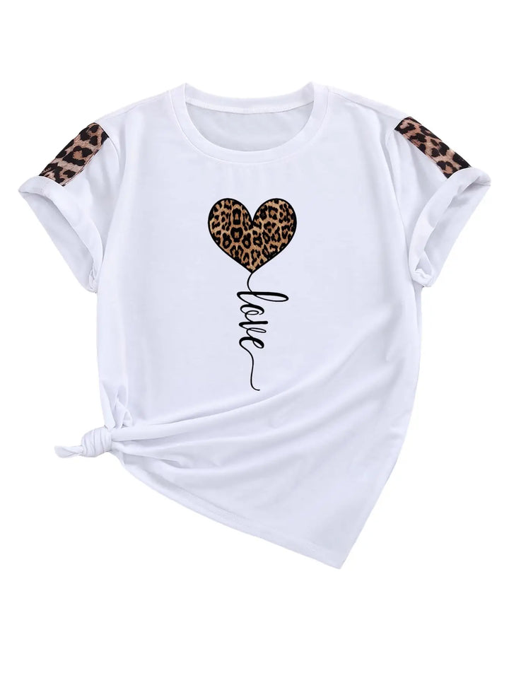 White short-sleeve t-shirt with leopard print sleeve patches and a central graphic of a leopard print heart balloon with the word 'love' written below in black script, shown on a plain white background.