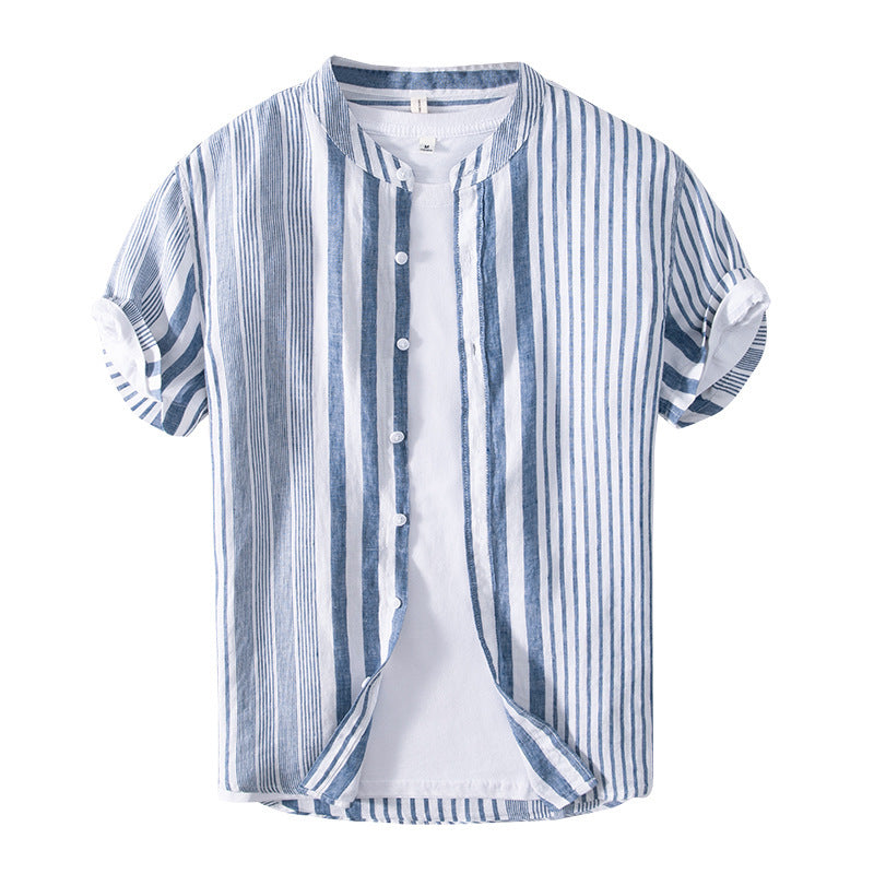 Men's Half Sleeve Striped Shirt Casual Linen Breathable Color Matching Short Sleeve Shirt Men - cas7m