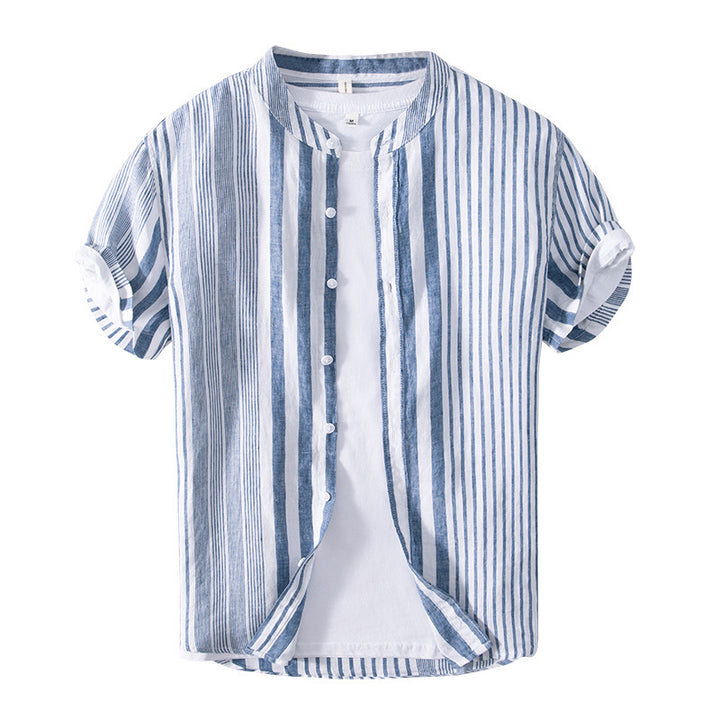 Men's Half Sleeve Striped Shirt Casual Linen Breathable Color Matching Short Sleeve Shirt Men - cas7m