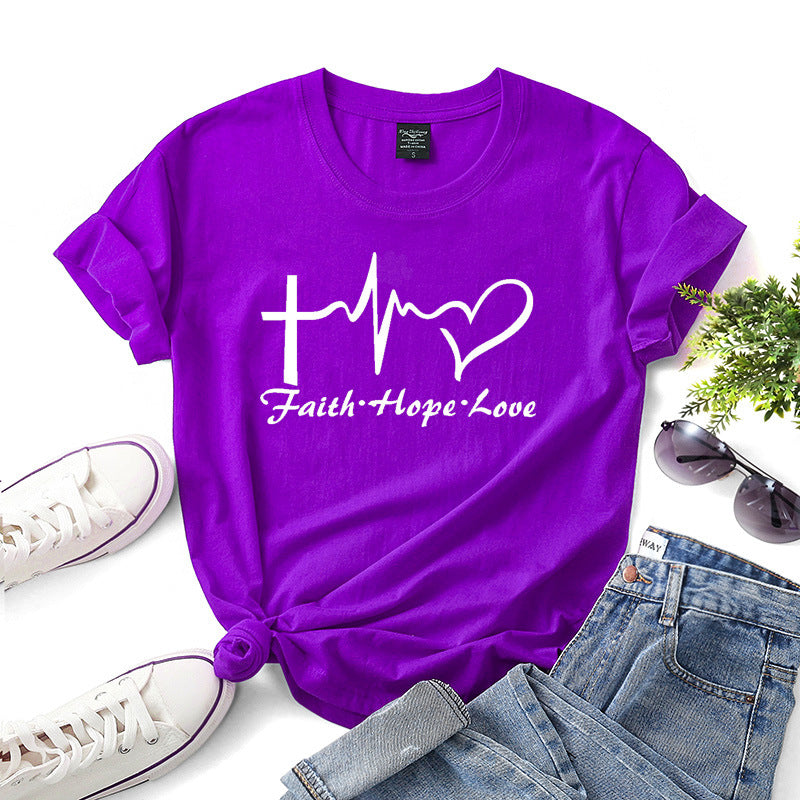 Faith Hope Love Letter Short-sleeved Cotton Bottoming Shirt - cas7m
