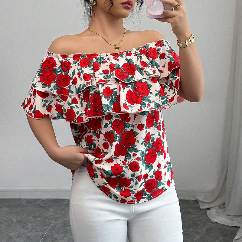 Off-shoulder Short-sleeved Shirt Double-layer Ruffled Women's Clothing - cas7m