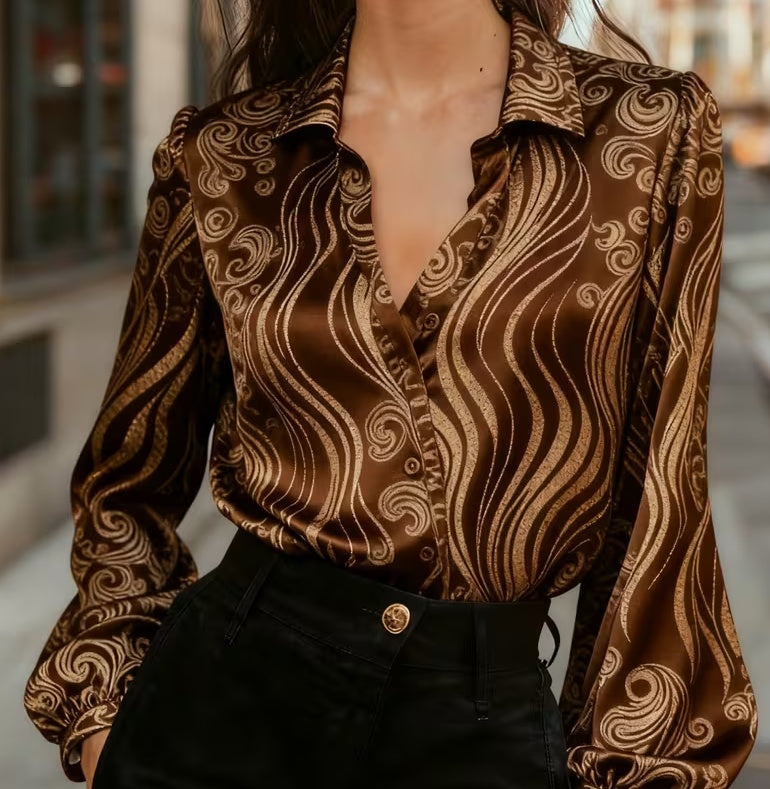 Urban Light Luxury Style Red-Edged Color-Block Puff Sleeve Shirt For Women - cas7m