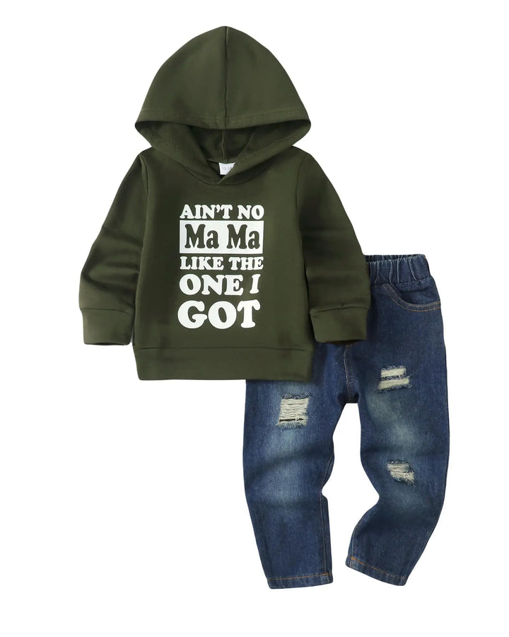 Children's hoodie and jeans set with text on a white background