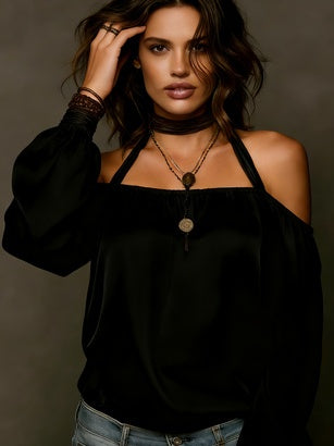 Halter Neck Off-shoulder Puff Sleeve Top For Women - cas7m