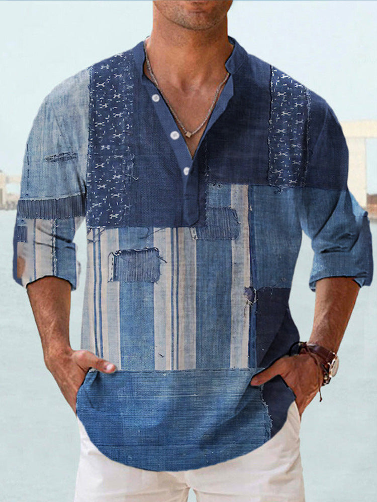 Thin Casual Digital Bamboo Linen Hawaiian Long Sleeve Shirt - cas7m
