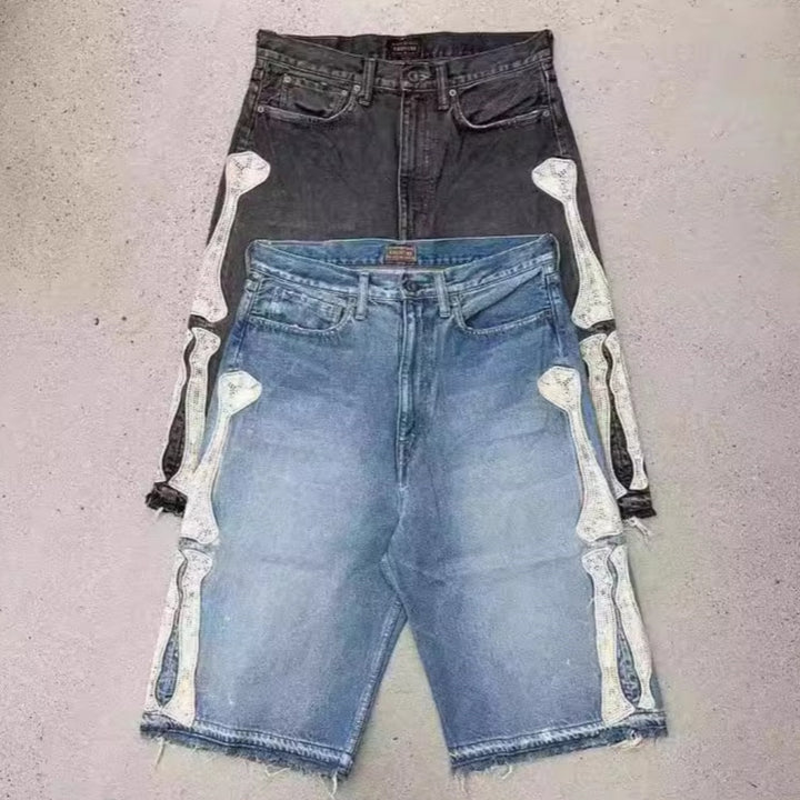 Hip Hop Embroidered Bones Casual Denim Shorts - cas7m