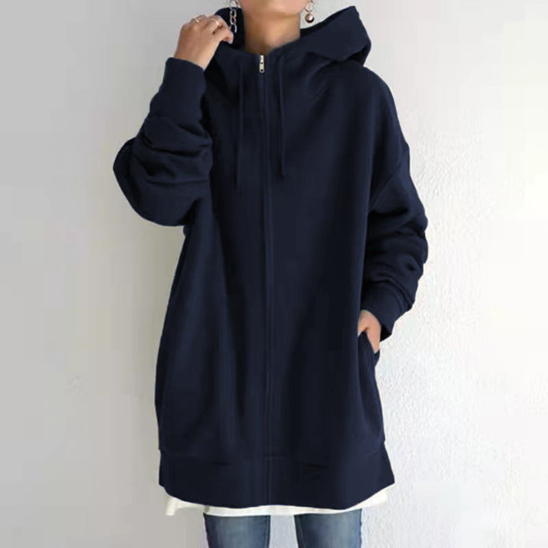 Oversized S-5XL Women Loose Hooded Coats Autumn Female Tie Collar Long Sleeve Zipper Up Add Velvet Long Sweatshirt - cas7m