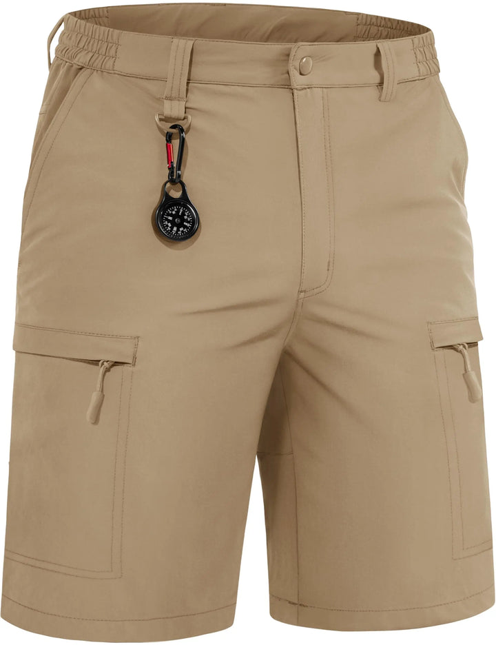 Beige cargo shorts with a carabiner attached on a white background