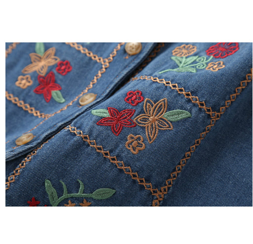 Heavy-Duty Embroidered Ethnic-Style V-Neck Denim Vest - cas7m