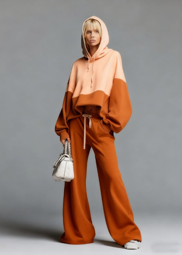 Color-blocked Hoodie And Wide-leg Pants Two-piece Set - cas7m
