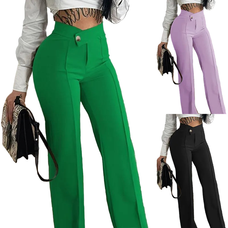 Slim Straight-leg Pants With Buckle Fashion Solid Color Trousers For Womens Clothing - cas7m