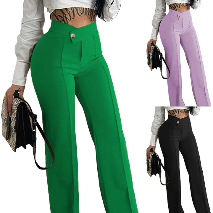 Slim Straight-leg Pants With Buckle Fashion Solid Color Trousers For Womens Clothing - cas7m